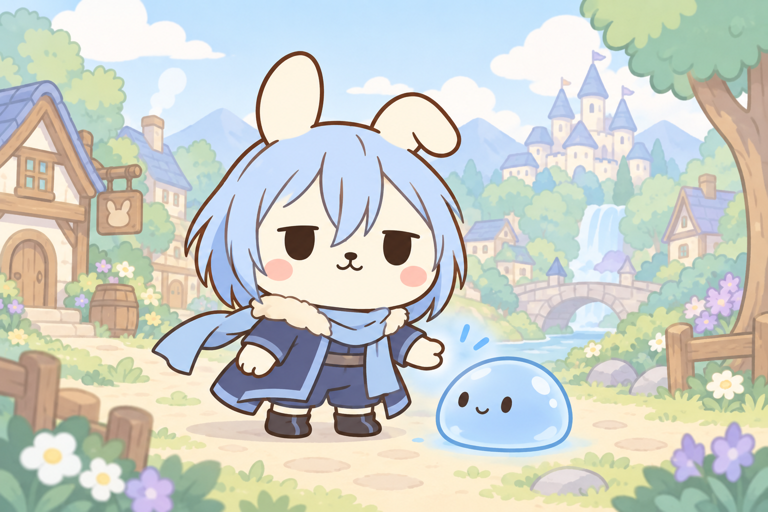 青いスライムと青髪の人物