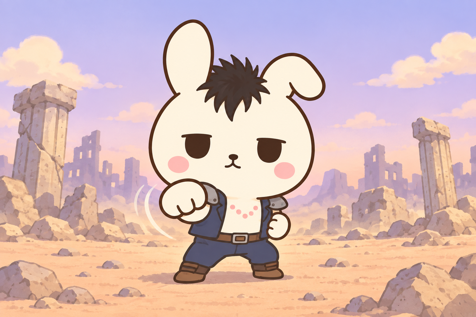 荒野で拳を構える人物