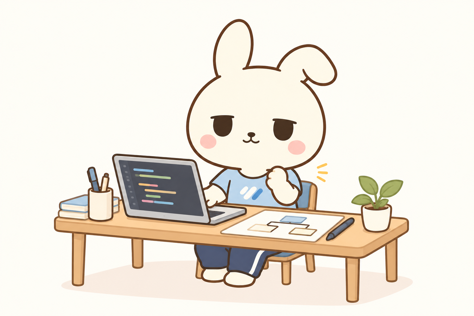 設計書とパソコンの前で小さくガッツポーズをするのん