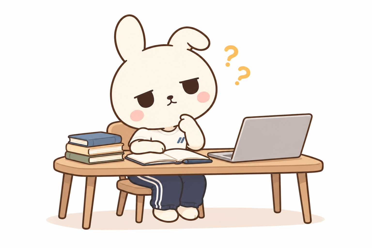 本とパソコンを前に、どうしてだろうと首をかしげるのん