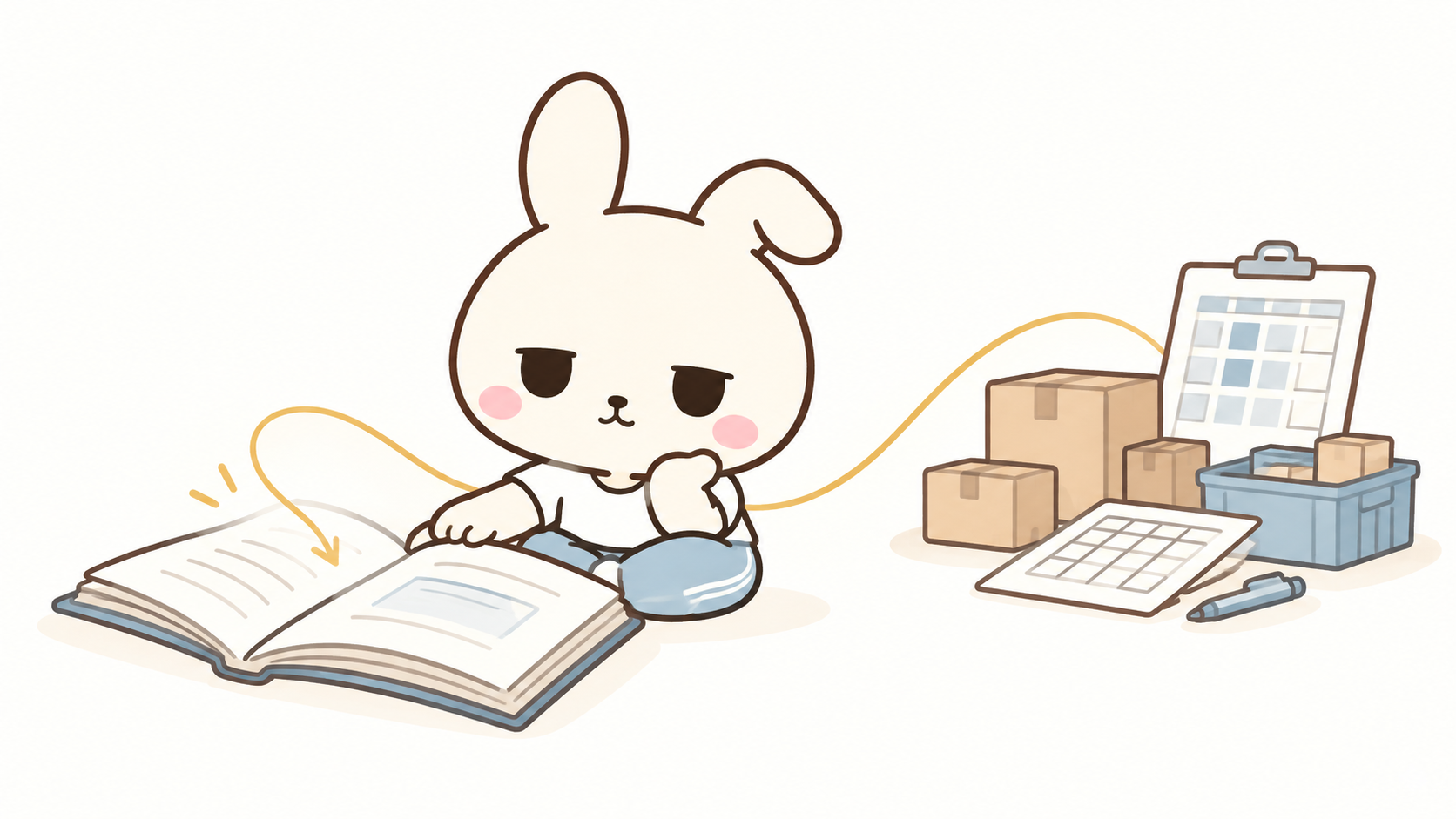 開いた台本と、食品工場の資材や在庫管理表が線でつながるのんちゃんのイラスト